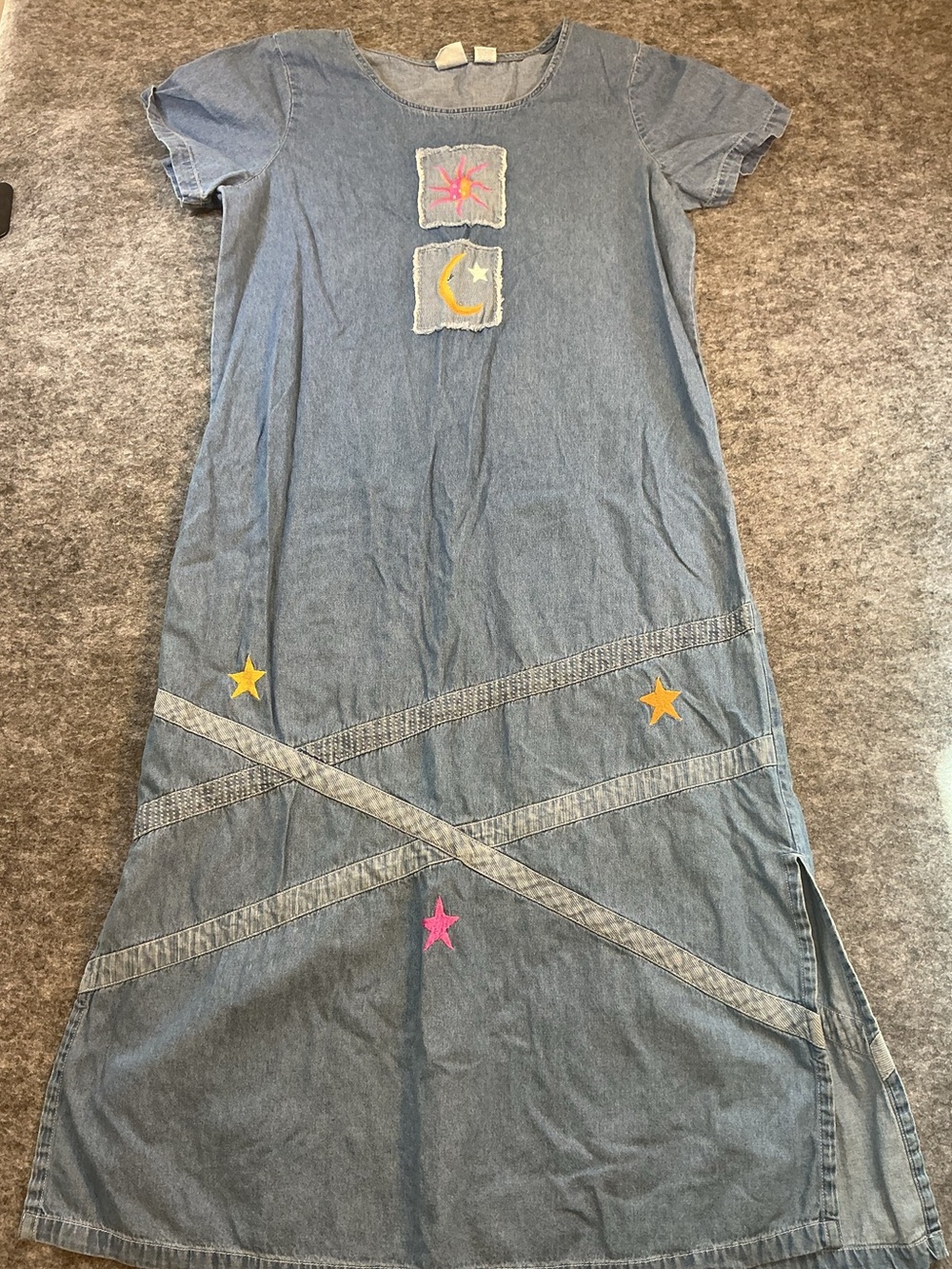 Bleu Bayou Vintage Y2K Whimsical Denim Maxi Dress with Star & Moon Appliqués